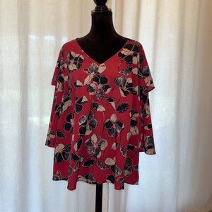 Lane Bryant Office Blouse Red Floral Tiered Sleeve Blouse - Size 14/16